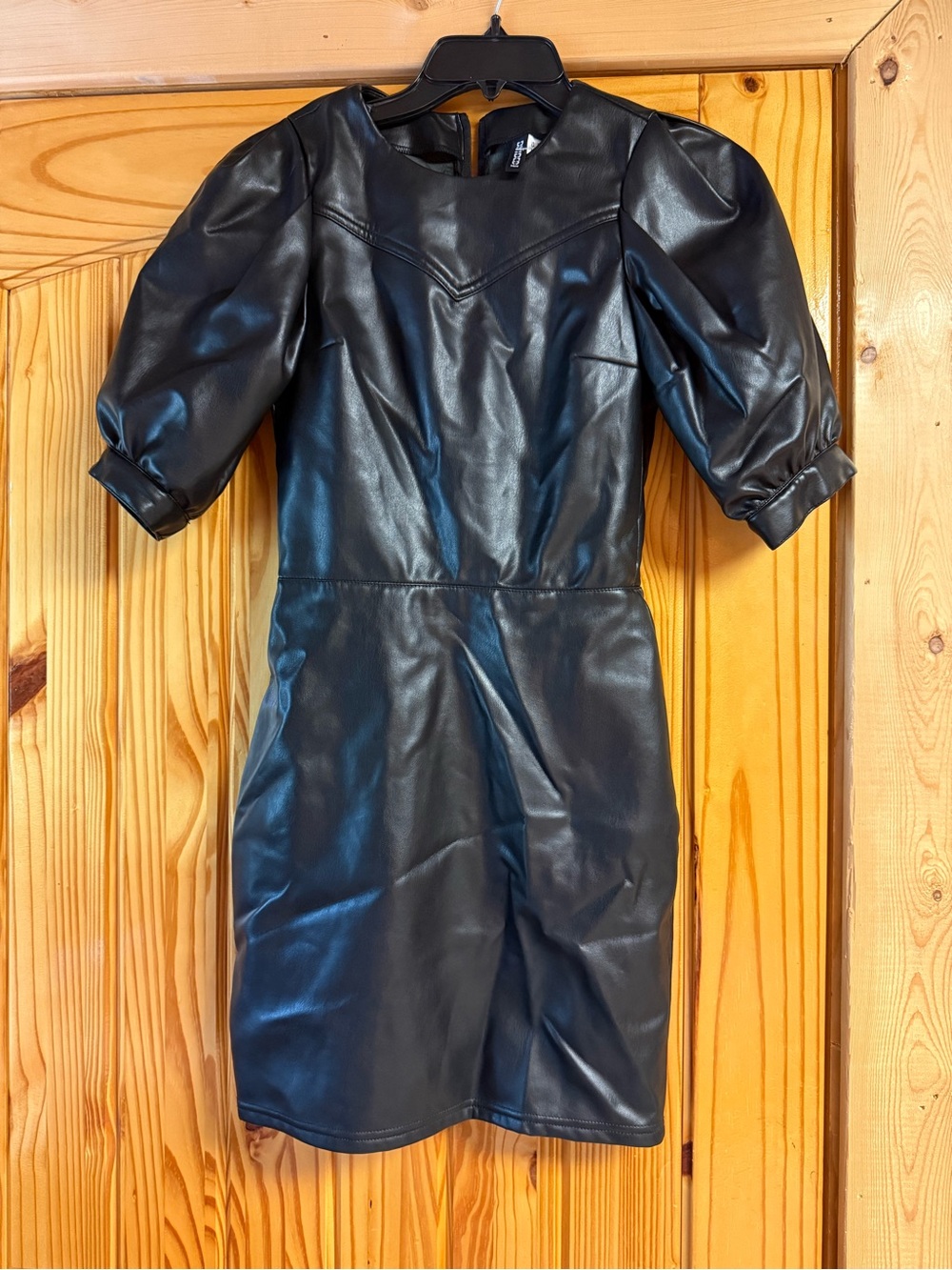 H&M Black Faux Leather Mini Dress with Puff Sleeves